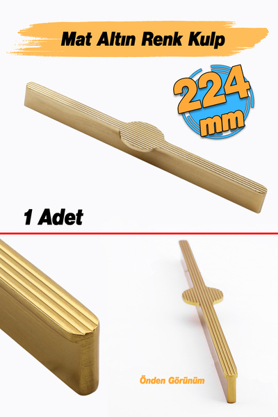 Badem10 Saral Çizgili Mat Altın Metal Kulp 224 mm 22.4 cm Mobilya Çekmece Mut...