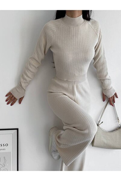 By Kuzey Aras Γυναικείο διπλό σετ πλεκτών με λεπτομέρεια με δαχτυλίδια - Άνετο παντελόνι με ψηλόμεσο Crop Top