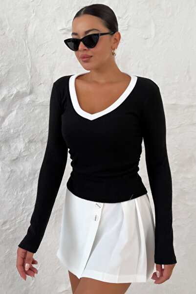 MODAGEN Women's Black V-Neck Long Sleeve Interlock Blouse