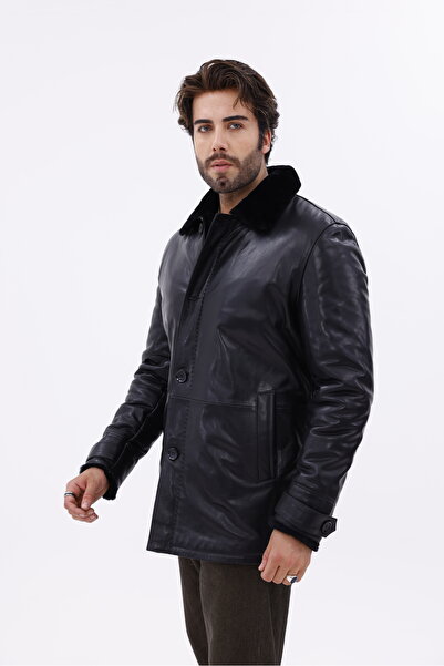 Metins Leather Erkek Kürk Yakalı Hakiki Deri Ceket 1025Rome