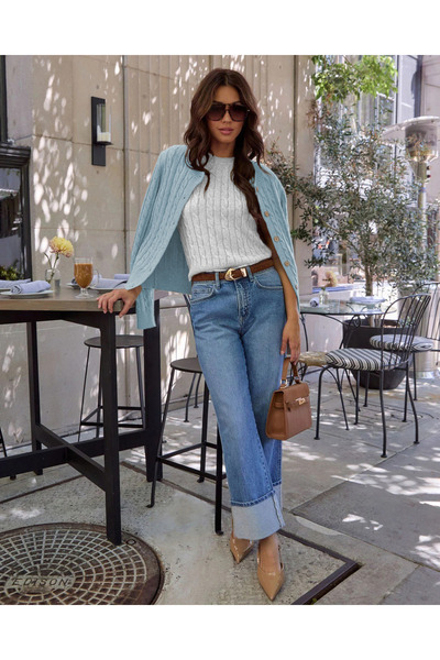 AQE FASHION Women's Hair Knit Buttoned Casual Long Sleeve Knitwear Cardigan Baby Blue