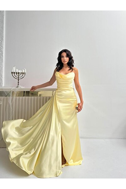 Serica Moda Sarı Straplez Drapeli Saten Abiye Elbise