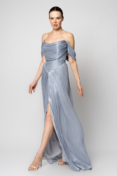 RENGIN Robası enine pileli straplez ince organze abiye elbise