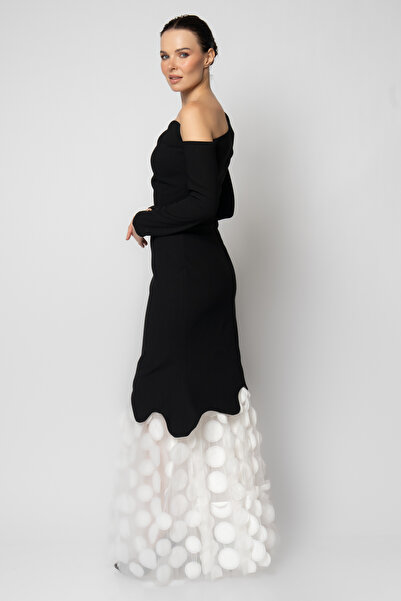 RENGIN Yakası dalgalı eteği yuvarlak desen tüllü uzun kollu krep abiye elbise