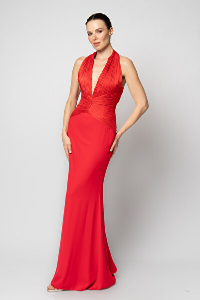 RENGIN Robası boydan pileli korsajlı krep etekli abiye elbise