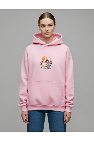 Vooya Fashion سويت شيرت بقلنسوة كبير الحجم مطبوع عليه ألاسكا للجنسين