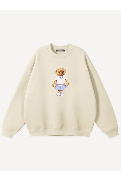 Mad&Calf سويت شيرت نسائي كبير الحجم برقبة دائرية مطبوع عليه دمية تيدي جميلة