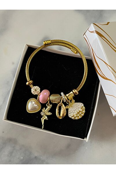H&T acsessories Kadın Çelik Gold Charm Bileklik (Takı kutusu hediyeli)
