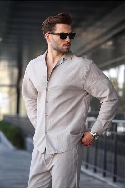 Madmext Painted Gray Relaxed Fit Men's Linen Shirt Pants Set E7327