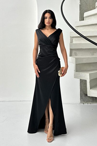 Serica Moda Siyah V Yaka Drapeli Yaka Drapeli Saten Abiye Elbise