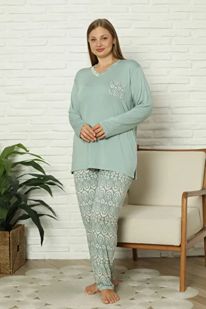 ALİMER Plus Size Women's Pajamas Set - Green V-Neck Long Sleeve Lycra Fabric 2824Uyb