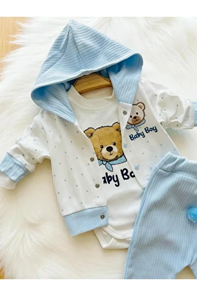 minicayzen 100% Cotton 3-Piece Set with Pompom Detail Cardigan