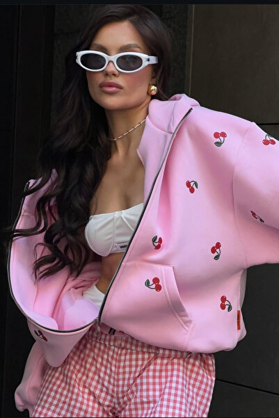 GBRO Kadın Pembe Kiraz Baskılı Oversize Fermuarlı 3 Iplik Kalın Hırka