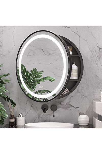 Alessandro DESIGN Oglinda LED cu Dulap, Rotunda, 50x50cm, Dezaburire, Lumina Rece/Calda/Neutra, Rama Neagra