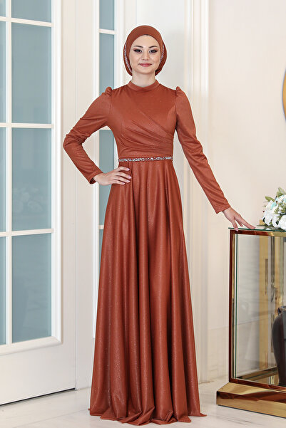 Raika Moda Stone Belt Detail Large Size Hijab Evening Dress - Işıl