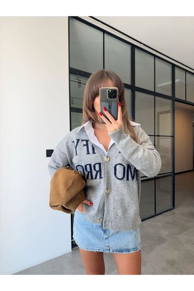 BB Bensu Buyruk Gray Cardigan with Text Detail