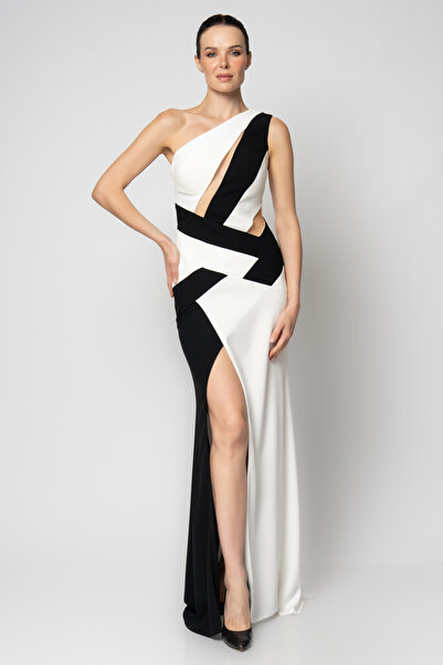 RENGIN Çift renk çapraz şerit bantlı önü tül kesikli krep abiye elbise