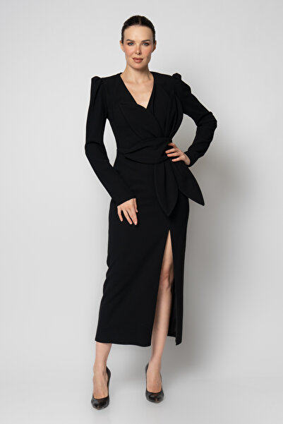 RENGIN Belinde büyük yaprak çiçekli uzun kollu krep abiye elbise