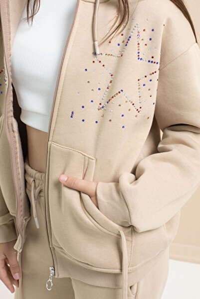 Cansın Mini Beige Girl's Beaded Beaded 2-Piece Set 21417