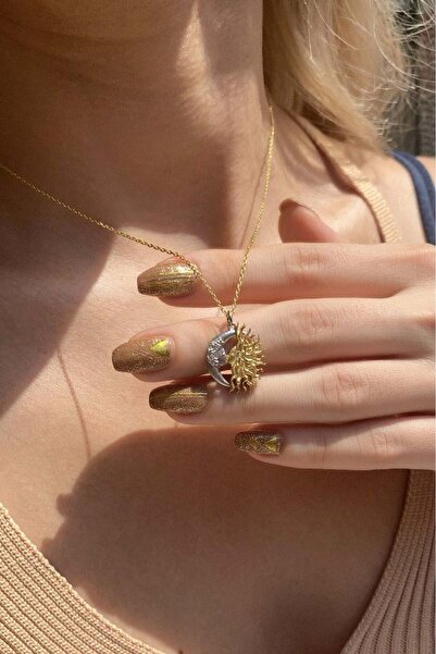 Spossy Silver Jewelry İki Renkli Ay ve Güneş Kolye