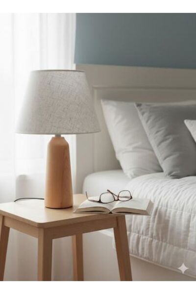 Z&Z Home duba ahşap konik abajur ceviz rengi çizgili krem şapka modern yatak ...