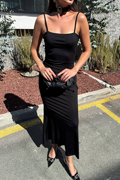 Seda Yalçın Atelier Siyah Gold Kuşaklı Midi Elbise