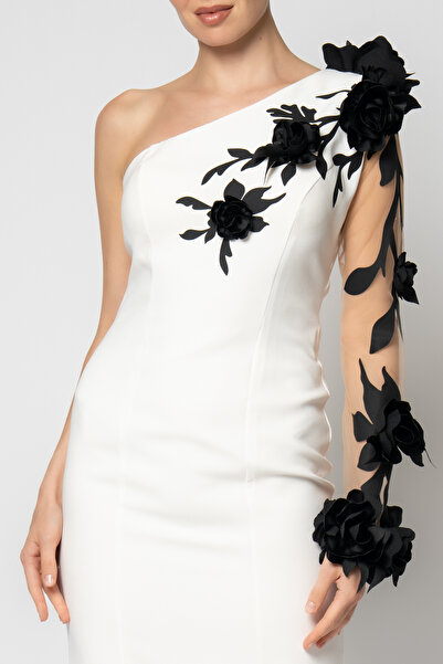 RENGIN Tek kolu tüllü çiçek baskılı krep abiye elbise