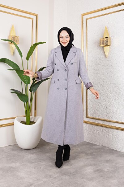 Hb Harma Time Butik Women's Lined Buttoned Pocket Long Gray Cashmere Coat