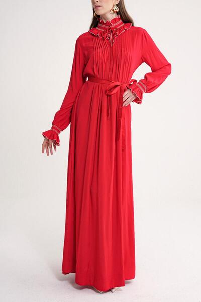 SOCIETA Kırmızı Gipe nakış detaylı bol kesim uzun elbise 94552