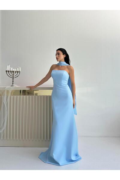 Serica Moda Βρεφικό μπλε βραδινό φόρεμα στράπλες με λεπτομέρεια με γιακά με σάλι