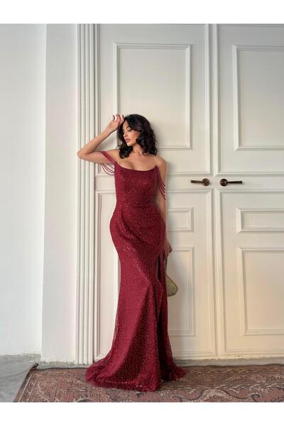 Serica Moda Red Beaded Sleeveless Strapless Evening Dress