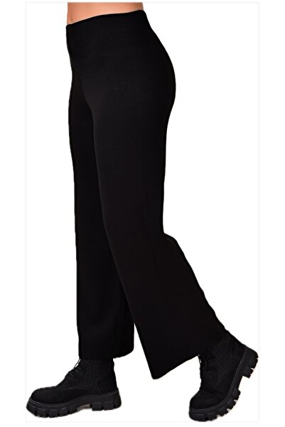 KAYA BUTİK Fatella Women's Comfortable Fit Wide-Leg Knit Pants with Elastic Waistband