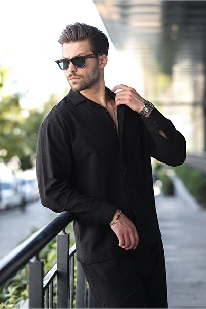 Madmext Black Relaxed Fit Men's Linen Shirt Pants Set E7327