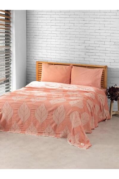 Perky Moth Somon - Desenli 4 Katlı Organik Müslin Yatak Örtüsü Battaniye Pike 260x280 cm %100 Pamuk Dört Mevsim