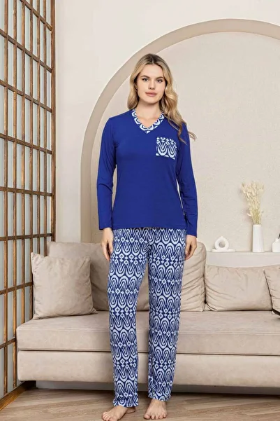 ALİMER Ethnic Patterned Women's Pajama Set - Saks Blue V-Neck Long Sleeve Lycra Fabric 2824Uy
