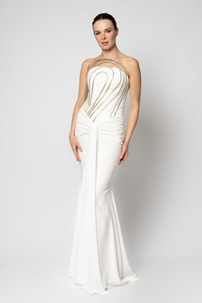 RENGIN Robası kavisli deri biyeli önden düğümlü krep abiye elbise