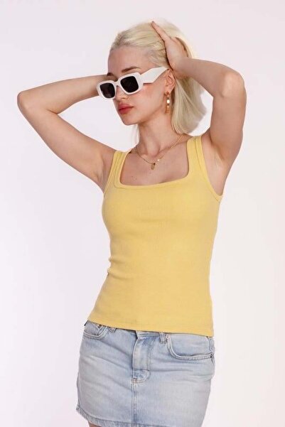 Seeh Yellow Ribbed Look Basic Tank Top with Straps Sh210