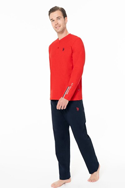 U.S. Polo Assn. U.s Polo Assn. 18959B Erkek Büyük Beden Uzun Kollu Yakası Üç Düğmeli Pijama Takımı-Kırmızı
