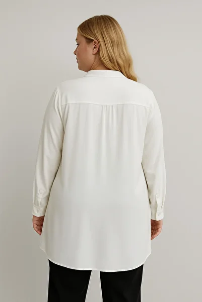 Nergis Neva Butik Women's Plus Size Button Detailed Jesica Fabric Fold Sleeve White Tunic
