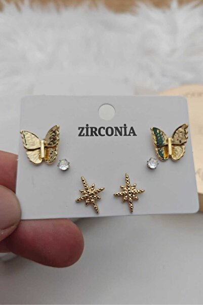 KYOLA DESİGN 3'lü Kelebek Zirkon Taşlı Kutup Yıldızlı Gold Kadın Küpe Seti
