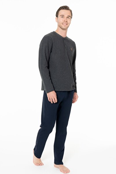 U.S. Polo Assn. U.S. Polo Assn. 18966 Men's Long Sleeve Three Button Collar Pajama Set-Anthracite