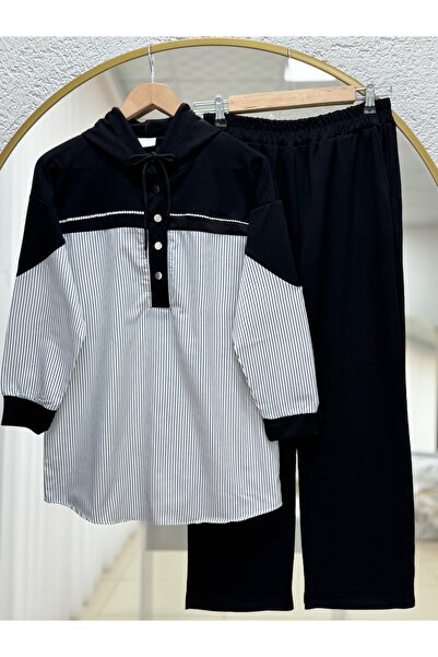 BENAHOLL Lamoria Çıtçıt Detail Line συνδυασμός υφασμάτων Σετ παντελόνι-NA3414 Μαύρο