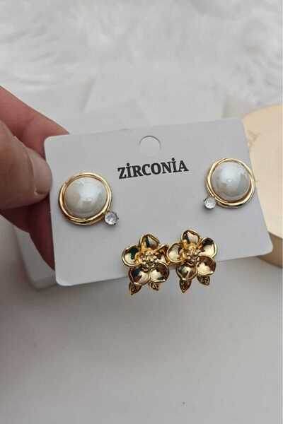 KYOLA DESİGN 3'lü İncili Zirkon Taşlı Çiçekli Gold Kadın Küpe Seti