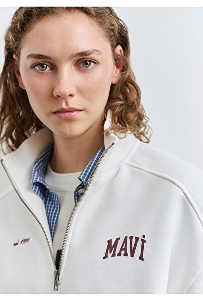 Mavi Loose Fit Sweatshirt with Half-Zipper and Logo Print