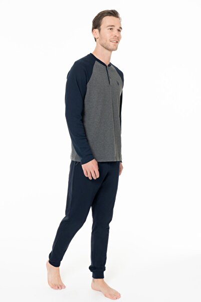 U.S. Polo Assn. U.S. Polo Assn. 18960B Men's Plus Size Long Sleeve Three Button Collar Pajama Set with Banded Legs-Ant