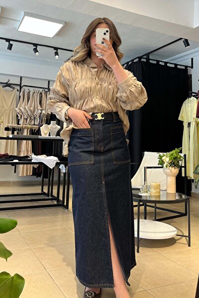melisa atelier Yırtmaç Detaylı Koyu Lacivert Denim Uzun Etek