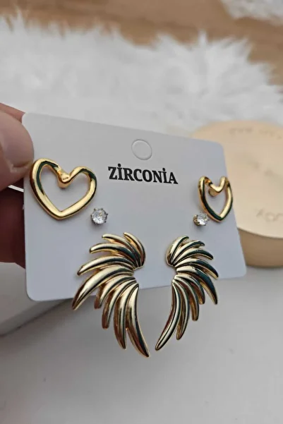 KYOLA DESİGN Set of 3 Wing Heart Zircon Stone Gold Women's Earrings