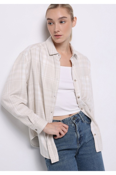 Colin's Relax Fit Shirt Neck Plaid Women's Ecru Long Sleeve Shirt