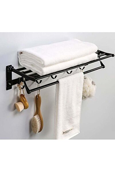 Generic Foldable Towel Rack for Bathroom Wall Mounted Towel Shelf with 5 Movable Hooks and Adjustable Towel