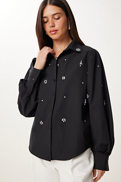 Lovelyİstanbul Kővel díszített szőtt ing LFG0053 FEKETE